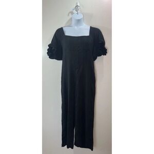 Free People Womens Cotton Linen Jumpsuit L Puff Sleeves Flowy Boho Dark Cottage